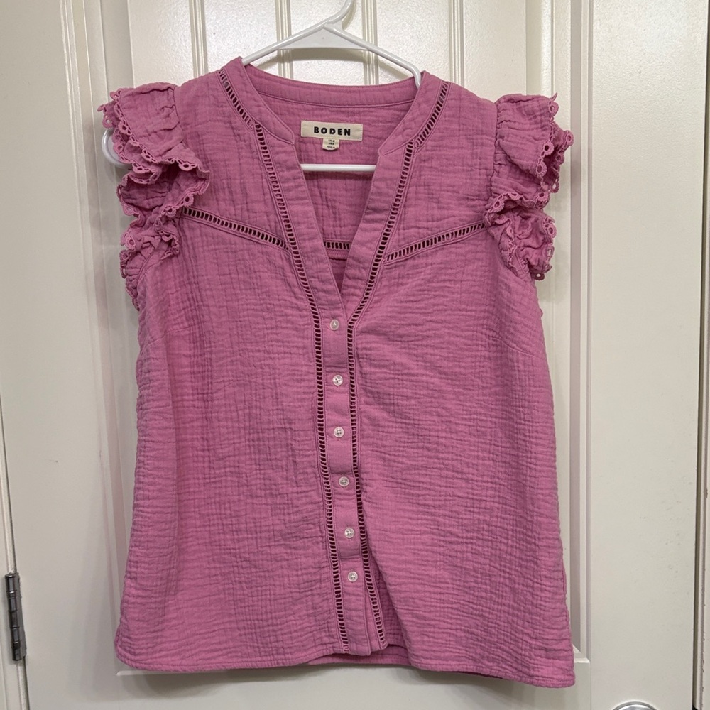 Boden Pink Ruffle Sleeve Button-Front Cotton Blouse